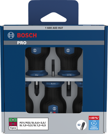 Set Obeng Pendek Bosch PRO 5 buah dengan poros S2.